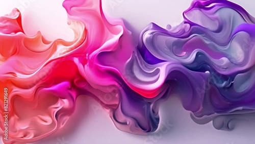 An abstract painting of pink and purple liquid flowing on a white background