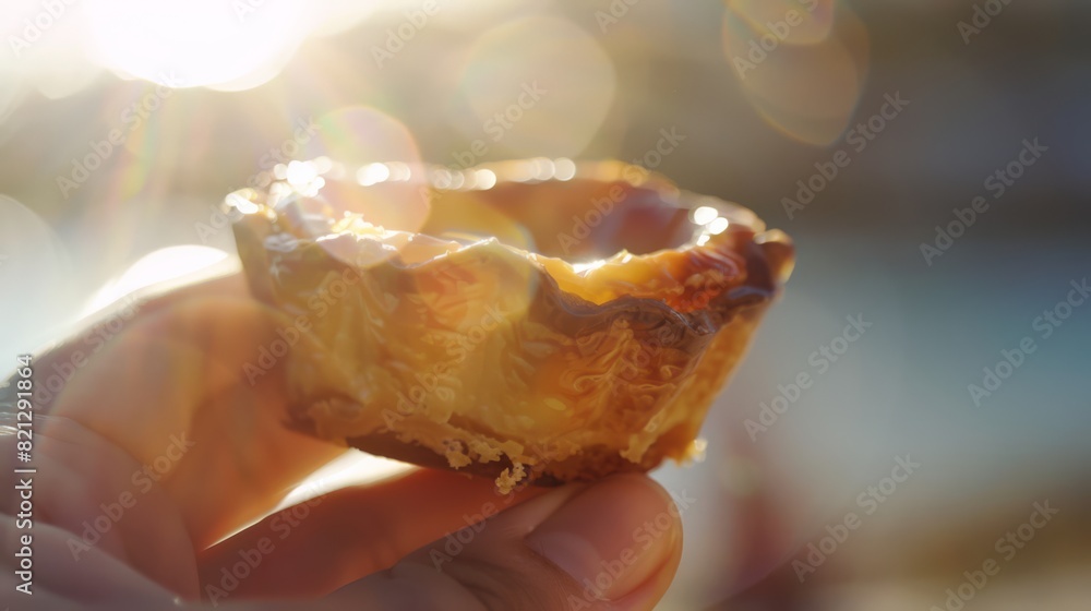 Close-up macro photo of a hand holding a Portuguese custard tart, pastel de nata, natural lighting, generated with AI Close-up macro photo of a hand holding a Portuguese custard tart, pastel de nata, natural lighting, generated with AI