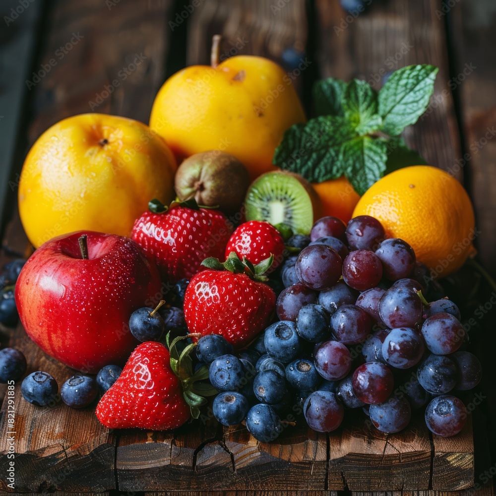 Close-up of fresh fruits on rustic wooden table, natural lighting. healthy lifestyle concept for food and wellness topics., generated with ai Close-up of fresh fruits on rustic wooden table, natural lighting. healthy lifestyle concept for food and wellness topics., generated with ai