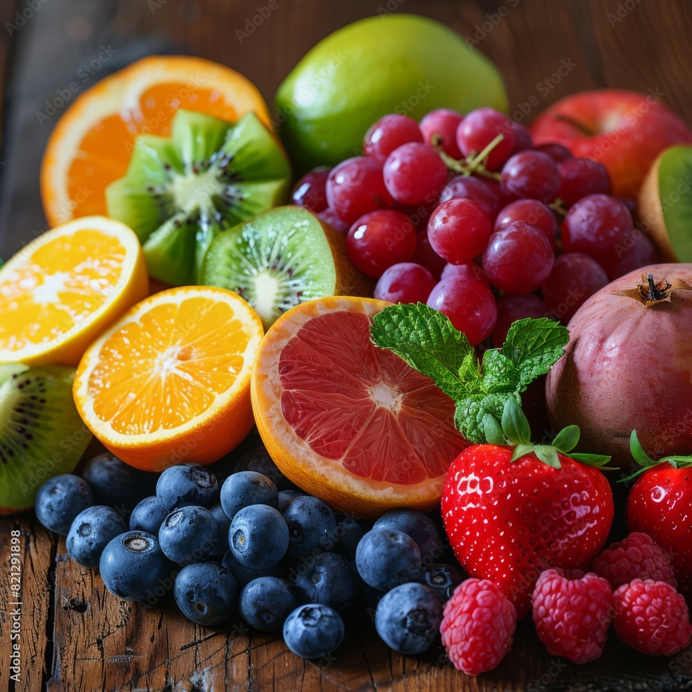 Close-up of fresh fruits on rustic wooden table, natural lighting. healthy lifestyle concept for food and wellness topics., generated with ai Close-up of fresh fruits on rustic wooden table, natural lighting. healthy lifestyle concept for food and wellness topics., generated with ai