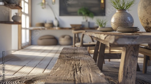 natural textures and rustic finishes of the furniture to highlight its beauty and boho style  dining room generative ai