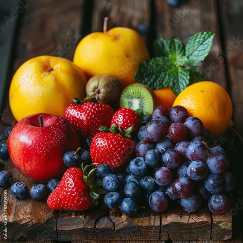 Close-up of fresh fruits on rustic wooden table, natural lighting. healthy lifestyle concept for food and wellness topics., generated with ai © sch_ai