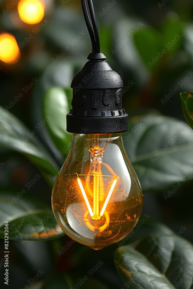 Colorful summer garden, guinguette theme at home, illuminated string lights, generated with ai