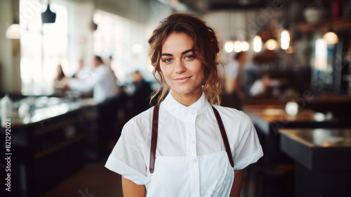 Portrait of a smiling waitress in an apron against the background of a cafe or restaurant. Small business owner, cafe employee in restaurant interior. Banner.