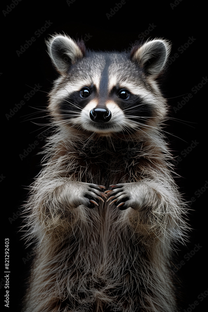 Fototapeta premium Cute little raccoon standing on its hind legs with a playful expression isolated on a black background