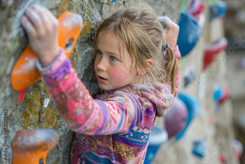 Bouldering, a young girl climbing up the wall with focused determination, her hands and feet finding strategic holds as she navigates the challenging vertical terrain in an impressive display of stren