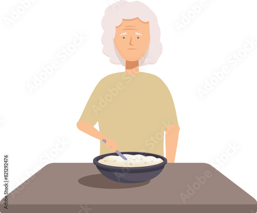 Illustration of a senior woman happily preparing food in a homely kitchen setting