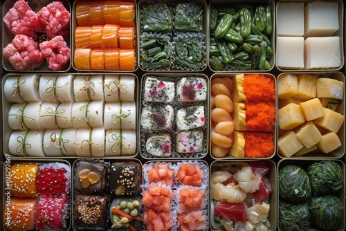 Bento box-making contest, showcasing colorful and intricately arranged lunch boxes filled with onigiri, tamagoyaki, and various pickled vegetables, generated with ai