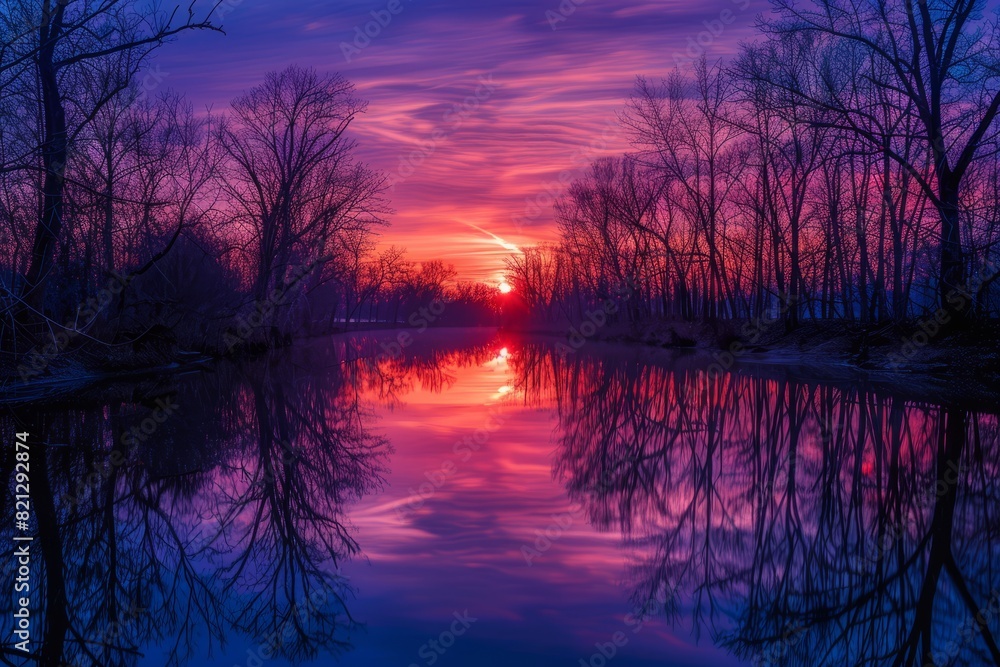 Vibrant Sunset Over Tranquil River, Panoramic View