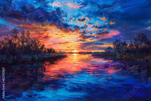 Colorful Sunset Over River, Tranquil Scene with Reflection © Ilia Nesolenyi
