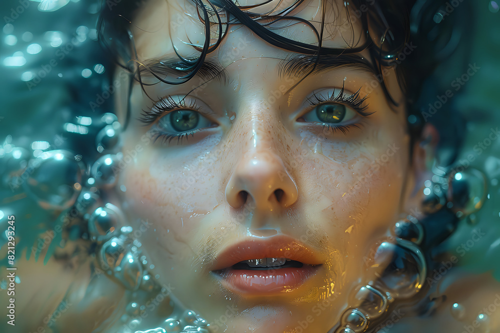 Close-up portrait of a woman underwater with bubbles around her face, capturing a surreal and ethereal moment, ideal for creative photography, conceptual art, and beauty themes.