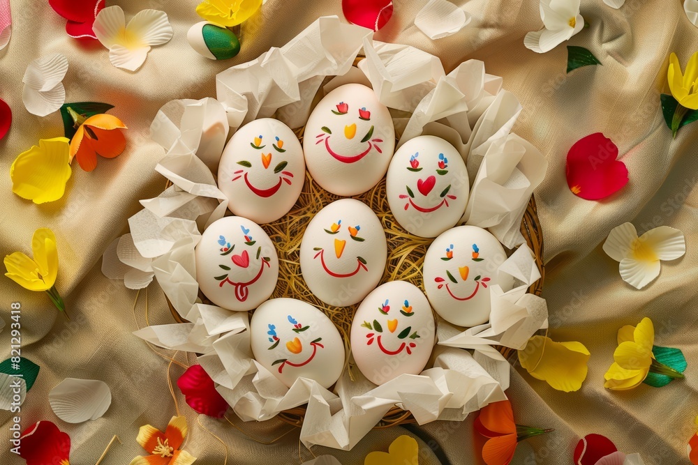 Colorful Easter Eggs with Smiley Faces in Basket, Overhead