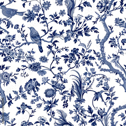 Deep blue seamless 18th Century French Toile repeating pattern tile design