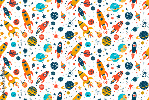 Seamless space pattern with rockets, planets, and stars on a white background, perfect for children's decor and tile designs. This ornament offers a playful and educational aesthetic