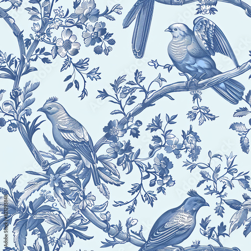 seamless pattern with birds and branches, blue on blue French toile fabric inspired design