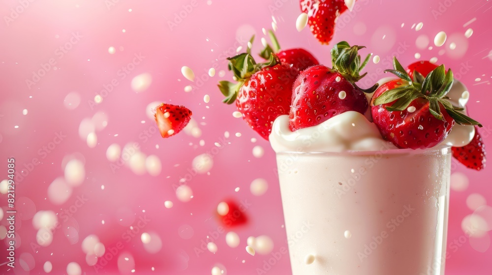 Topping fruit strawberry strawberries splashing dropping onto glass of milk milkshake yoghurt smoothie with liquid droplet splash on pink background. copy text space, generated with AI Topping fruit strawberry strawberries splashing dropping onto glass of milk milkshake yoghurt smoothie with liquid droplet splash on pink background. copy text space, generated with AI