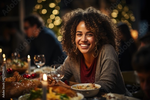 Happy festive woman toasting with family members while enjoying homemade Christmas  generative IA