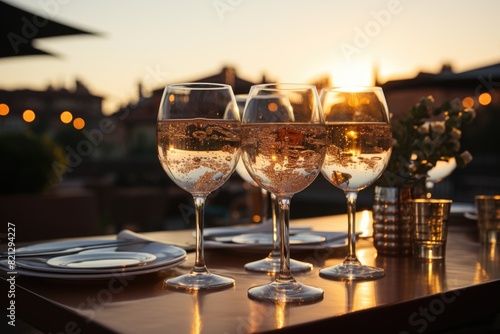 Bubbling sparkling glasses are erected at a celebration dinner on a terrace with s  generative IA