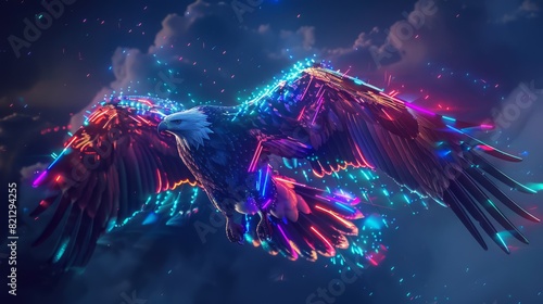 Dark neon robotic bald eagle flying alit with colorful neon lights, full body, in a dark tech made sky environment, generated with ai photo