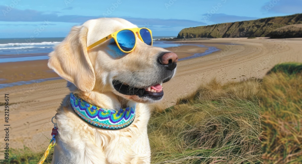 English cream retriever on a beach wearing sunglasses, generated with ai