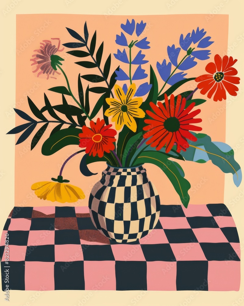 fauvist illustration of colorful flowers in a round vase on a checkered table, simple lines, generated with AI