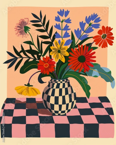 Obraz na płótnie fauvist illustration of colorful flowers in a round vase on a checkered table, simple lines, generated with AI w salonie