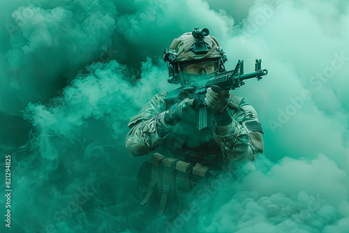Highly trained special forces officer in tactical gear, aiming an assault rifle equipped with a laser targeting system, surrounded by a thick cloud of green smoke © Emanuel
