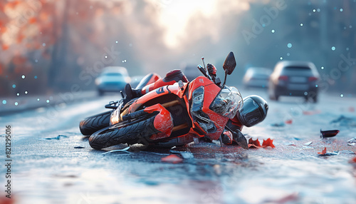 Red motorcycle crash scene on wet road