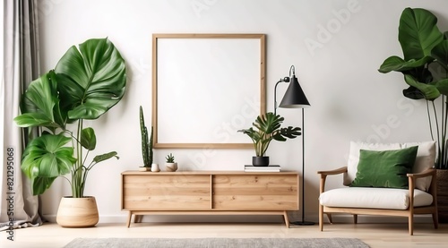 blank poster frame mockup on white wall living room with wooden sideboard photo
