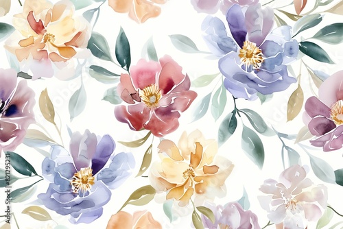   Sweet flower watercolor seamless pattern with soft pastel colors  featuring delicate blooms and leaves arranged harmoniously for beauty products or other uses.