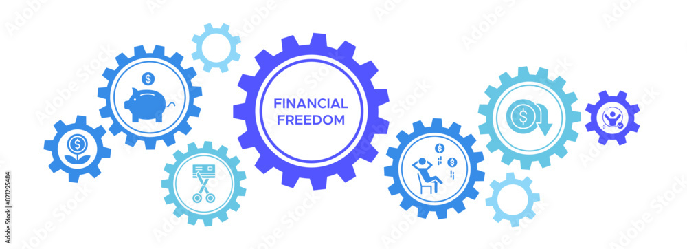 Financial freedom web banner concept with icons representing saving money, investment, debt elimination, passive income, expense reduction, and simplified life