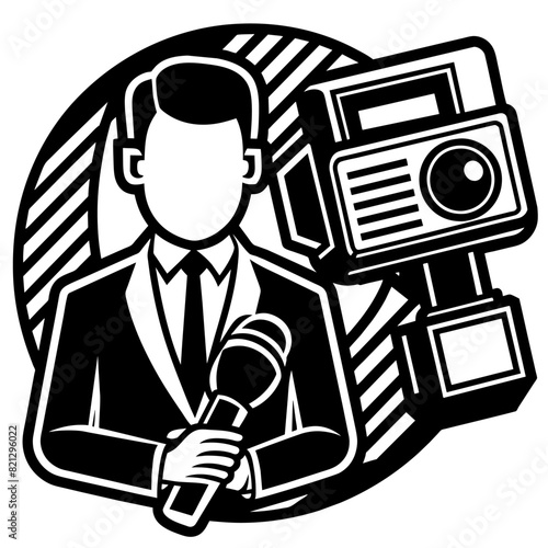 Reporter and video camera. Black and white vector illustration