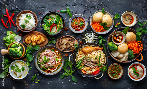 Wallpaper Mural Top view composition of various Asian food in bowl Torontodigital.ca