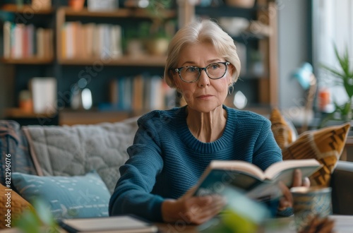 Woman Sitting at a Table Reading a Book