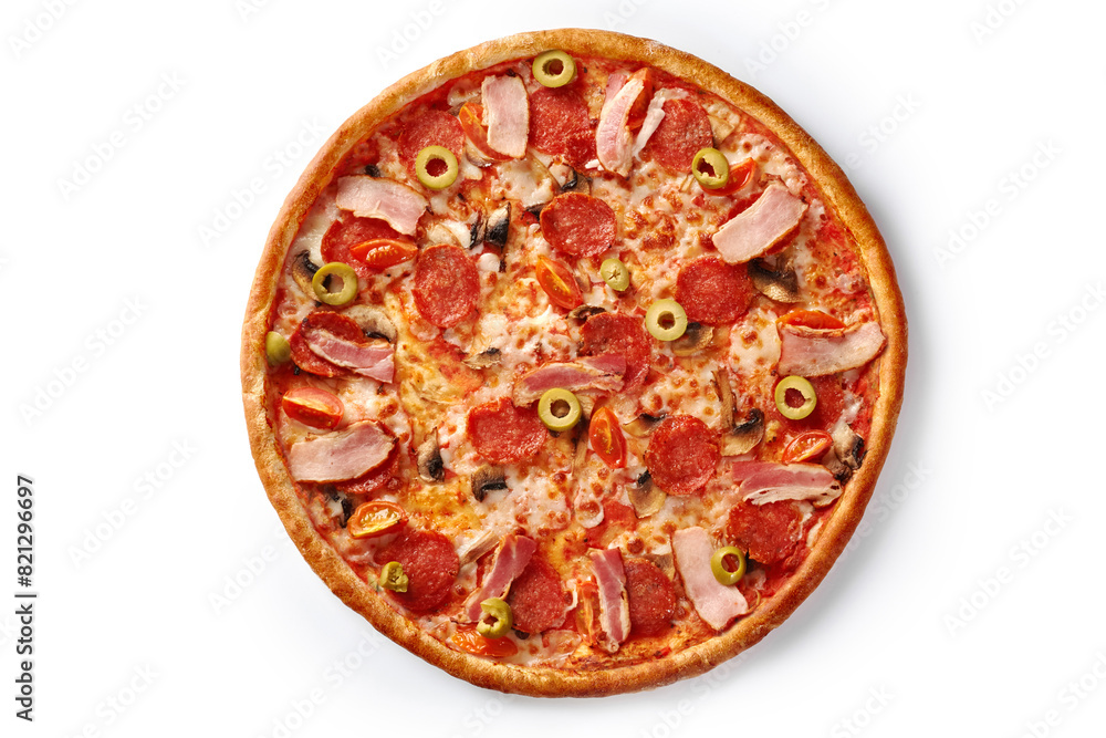 Meat pizza with bacon, pepperoni sausage, mushrooms, olives and tomatoes Meat pizza with bacon, pepperoni sausage, mushrooms, olives and tomatoes