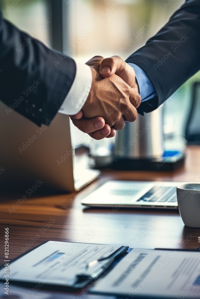 Two businessmen shake hands at a desk with files and laptops in the background, generated with AI