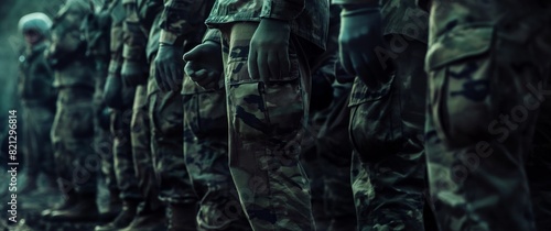Close-up of military personnel standing in formation with focus on camo patterns and gear