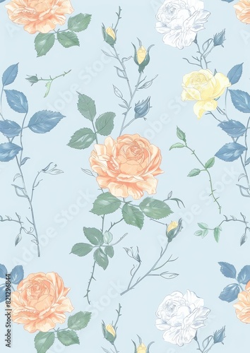 Simple pastel peach and blue pattern with roses, green leaves, and yellow accents, a simple line art drawing in the style of white background,, generated with ai © sch_ai