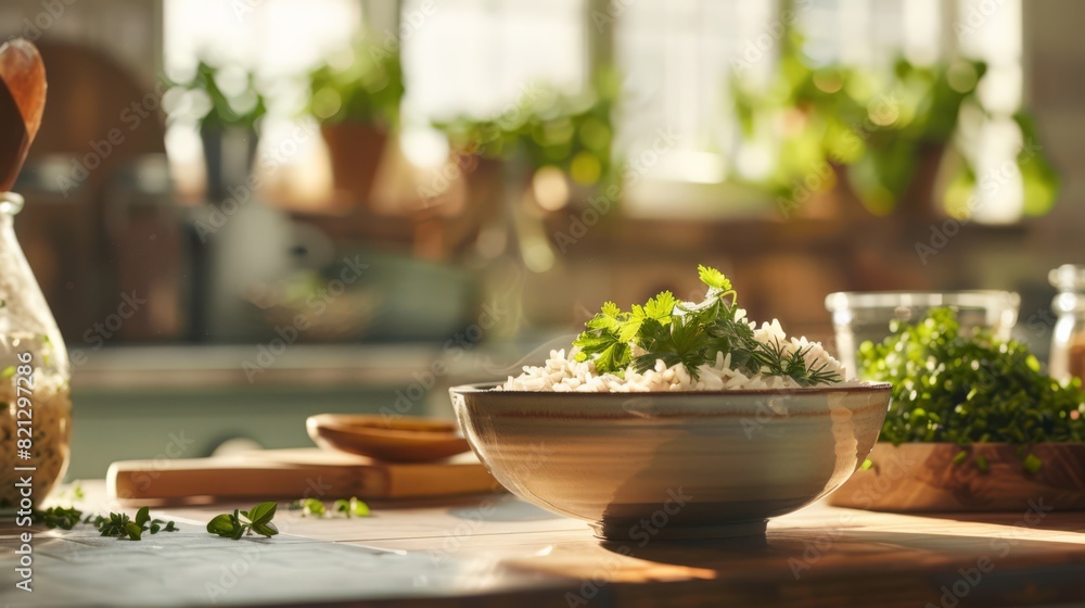 In a cozy kitchen setting, a bowl of medium-grain brown Japonica rice takes center stage on a rustic wooden countertop. generated with AI In a cozy kitchen setting, a bowl of medium-grain brown Japonica rice takes center stage on a rustic wooden countertop. generated with AI