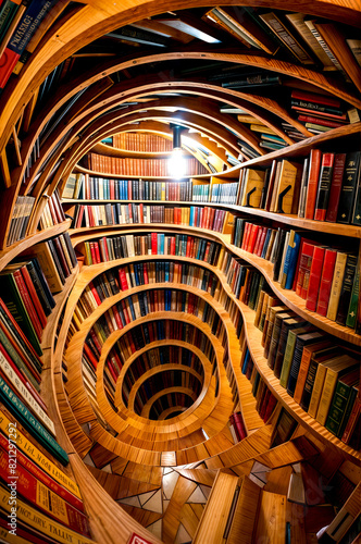 Spiral book shelf filled with lots of books in room filled with lots of books.