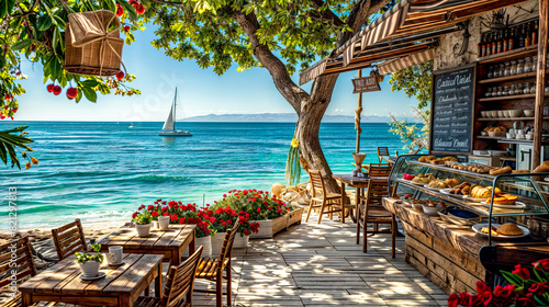 Outdoor dining area overlooking the ocean with sailboat in the distance. photo