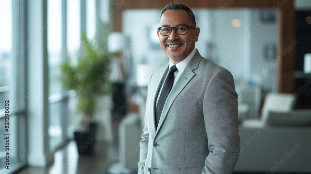 Fototapeta premium Professional Asian Businessman in Modern Office Setting - Ideal for Corporate, Diversity, Business Portraits, and Marketing Materials