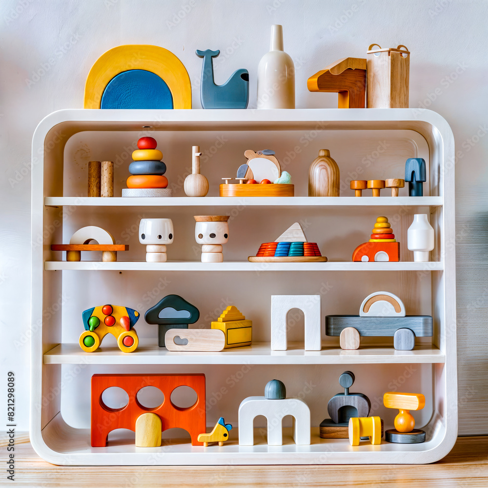 Shelf filled with lots of toys on top of hard wood floor. Shelf filled with lots of toys on top of hard wood floor.