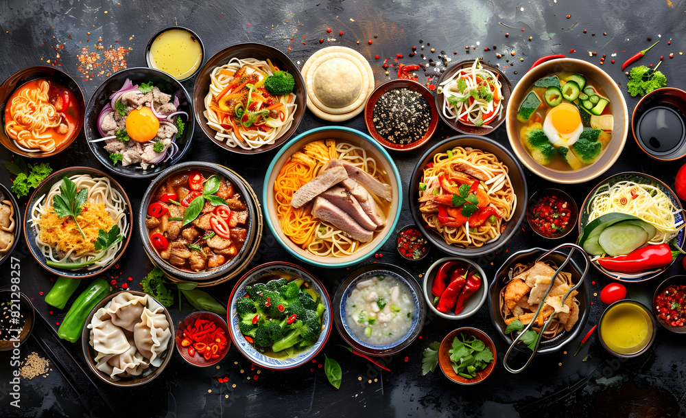 Top view composition of various Asian food in bowl Top view composition of various Asian food in bowl