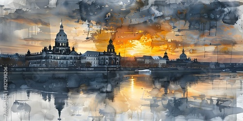 Sunset view of Zwinger Palace art gallery in Dresden Germany with oil painting. Concept Travel Photography, Zwinger Palace Dresden, Art Gallery Tour, Sunset Views, Oil Painting Artworks photo