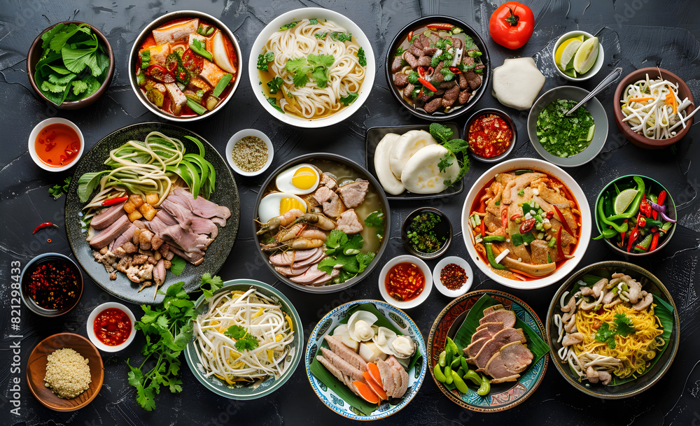 Top view composition of various Asian food in bowl Top view composition of various Asian food in bowl
