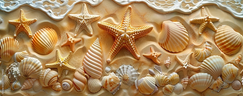 3D starfish and shells arranged in patterns on the sand, detailed and artistic, capturing coastal beauty 3D starfish and shells arranged in patterns on the sand, detailed and artistic, capturing coastal beauty
