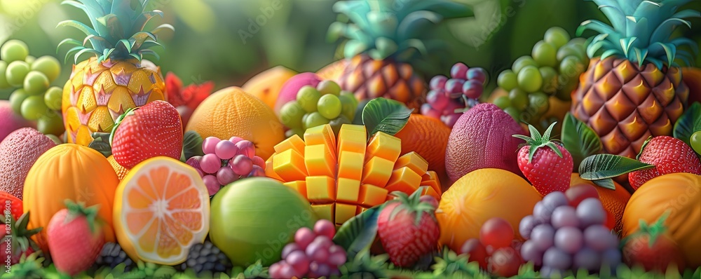 3D summer fruits like pineapples, mangoes, and oranges arranged in a vibrant display 3D summer fruits like pineapples, mangoes, and oranges arranged in a vibrant display
