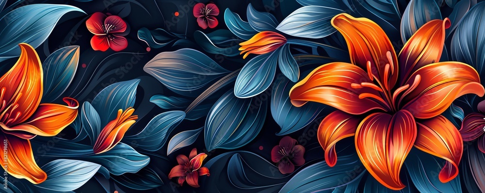 Abstract floral pattern with stylized lilies and leaves, bold and dynamic design Abstract floral pattern with stylized lilies and leaves, bold and dynamic design