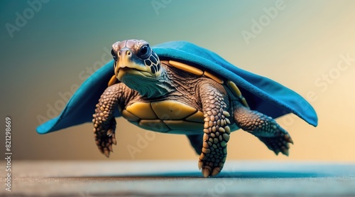 Superhero baby turtle  Cute baby turtle with a blue cloak and mask jumping and flying